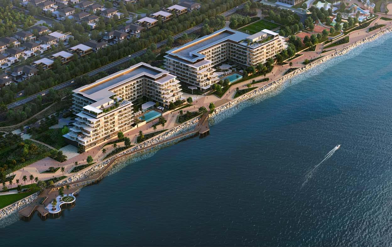 Aerial of Bashayer's waterfront residences, promenade and marina on Hudayriyat Island