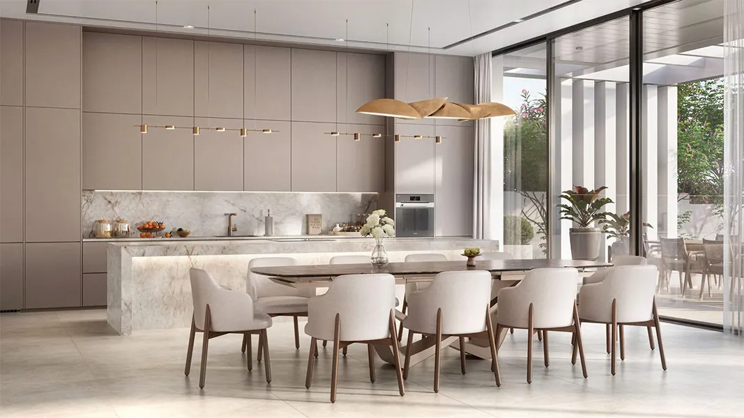 Bashayer residence interior with a marble island kitchen and dining