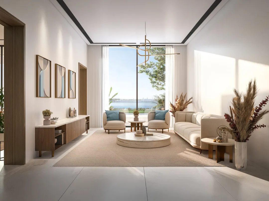 Bashayer penthouse living room with floor to ceiling glass and a sea view